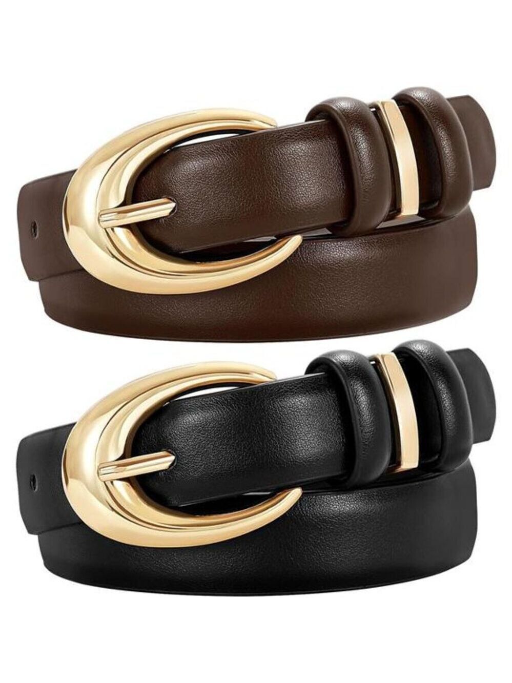 Womens Skinny Leather Belt 2Pack Gold Buckle Adjustable Waist Belt for Jeans Pan